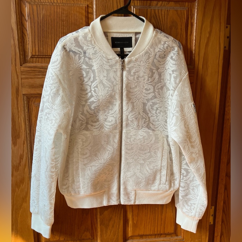 BCBG White lace bomber style jacket